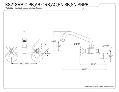 Diagram of Victorian Style Two Handle Wall Mount Kitchen Faucet in Oil Rubbed Bronze, 7 Inch with measurements