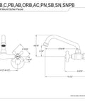 Technical drawing of Two-Handle Wall Mount Kitchen Faucet In Polished Nickel, Solid Brass And Zinc Build, dimensions detailed