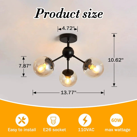 Three Light Glass Globe Chandelier Matte Black Nordic Style Semi Flush Mount Ceiling Fixture size and dimensions.