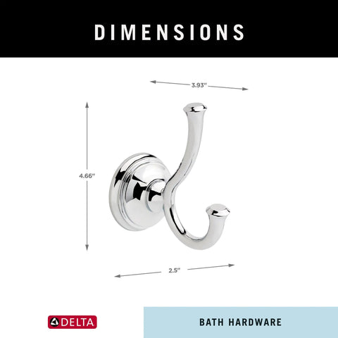 Double Towel Hook In Polished Chrome For Bathroom Or Kitchen, Durable Zinc Construction With Corrosion Resistant Finish, dimensions shown
