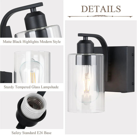 Set Of Two 8 Inch Battery Wall Sconces With Clear Glass, Farmhouse Indoor Lighting, 4000k Neutral White, Rechargeable Remote Dimmable Fixtures, All Day Glow And Zero Wiring Hustle For Bathroom Or Bedroom details including matte black highlights, clear glass lampshade, and E26 base.