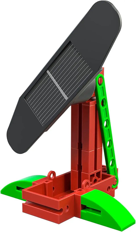 80 Piece Solar Construction Kit Lets Kids Build A Helicopter Air Boat Or Fan With A Solar Rotor Powering The Propeller While Teaching Renewable Energy In A Fun STEM Hands On Way. assembled solar fan model with red and green plastic parts
