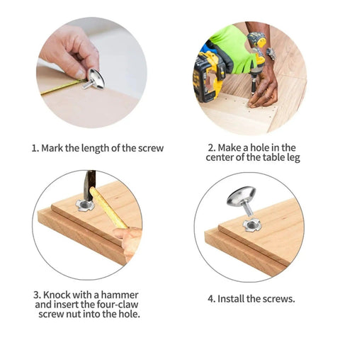 Installation steps for 20 Pack Adjustable Leveling Feet For Furniture With Aluminum Glides, featuring measuring, drilling, and screwing.