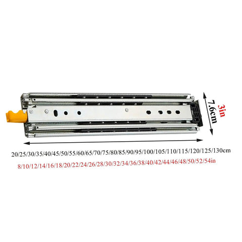 Heavy Duty Three Section Ball Bearing Drawer Slides With Locking Side Mount Cabinet Runners, dimensions 3in height, 7.6cm width.