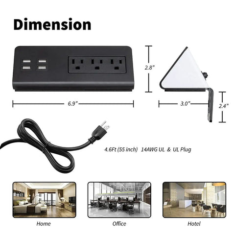 Dimension diagram of Totally Slick Two Pack Desk Edge Mount Power Strip With Four USB Ports And Three AC Outlets For Home Office Computer Setup Featuring Fast Smart Charging Tech And Reliable Surge Protection In Black.
