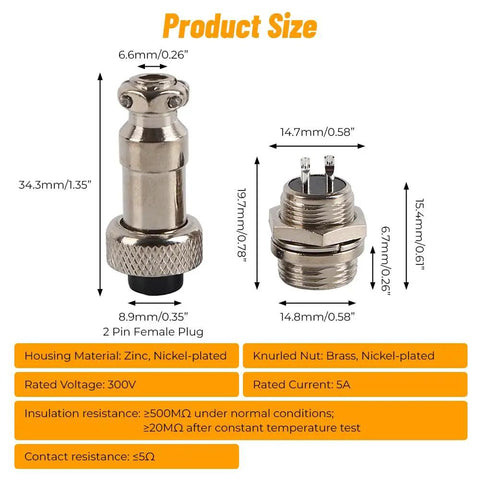10 Piece 2 Pin Aviation Connector Kit With 12mm Threaded Male And Female Sockets shown with dimensions and material details
