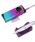 Badass Cordless Electric Nail Drill Machine Packing 30000 Rpm Power And A Massive 2600Mah Battery With Six Interchangeable Grinding Heads displayed on a purple stand.