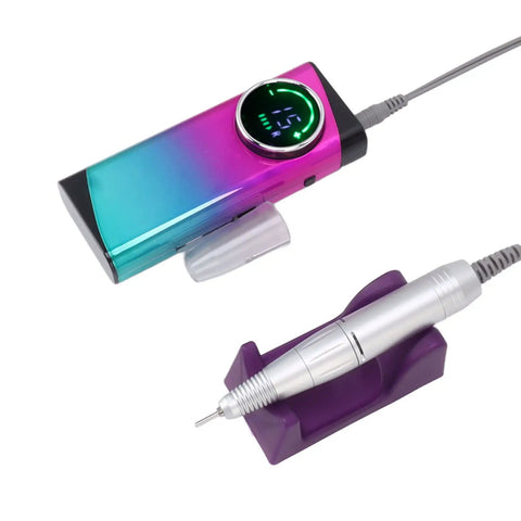 Badass Cordless Electric Nail Drill Machine Packing 30000 Rpm Power And A Massive 2600Mah Battery With Six Interchangeable Grinding Heads displayed on a purple stand.