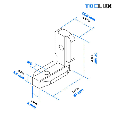 Diagram of Built Tough 3030 Interior Corner Connector Kit For 30 Series Aluminum Extrusion with detailed measurements.