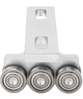 Heavy Duty 6 Wheel Trolley Assembly For Electric Hoist With Super Deep Groove Ball Bearings Loads Like A Champ On 1 5/8 Inch Struts And Pa200 Pa1000 Models close-up of 3 stainless steel ball bearings and metal frame.
