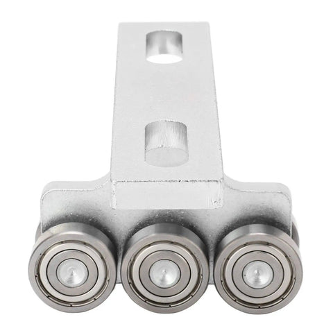 Heavy Duty 6 Wheel Trolley Assembly For Electric Hoist With Super Deep Groove Ball Bearings Loads Like A Champ On 1 5/8 Inch Struts And Pa200 Pa1000 Models close-up of 3 stainless steel ball bearings and metal frame.