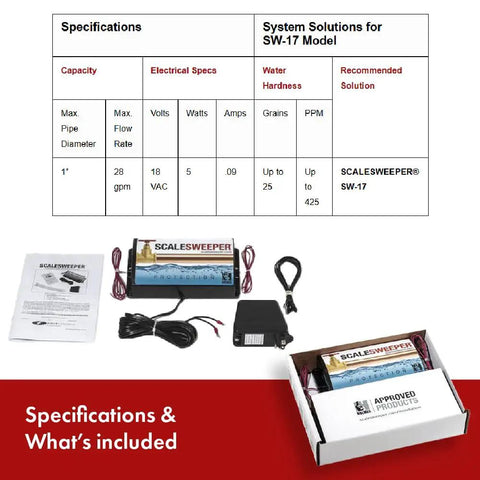 Whole Home Salt Free Water Descaler And Hard Water Conditioner For Home Use, product box, specifications table, installation manual