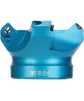 Front view of blue CNC lathe face mill with four flutes, aluminum alloy body for metal milling