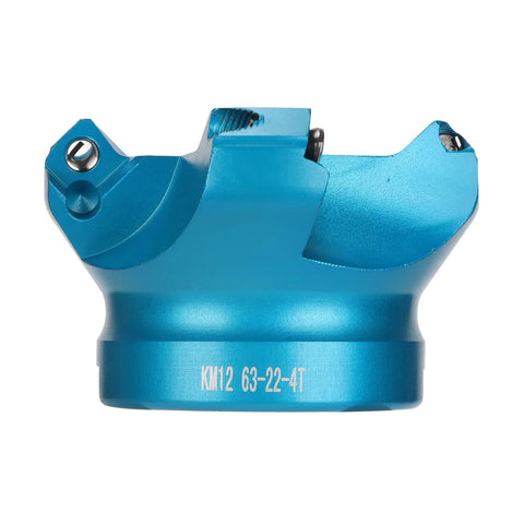 Front view of blue CNC lathe face mill with four flutes, aluminum alloy body for metal milling