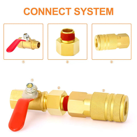 Five Piece Beefy Brass Pipe Fitting Reducer Adapter Set Three Eighths Inch Female To One Quarter Inch Male displayed with valve