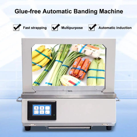 Rock Solid Heavy Duty Automatic Strapping Machine With 4.5 Inch Touch Screen For Lightning Fast Vegetable And Fruit Bundling, showcasing packed produce.