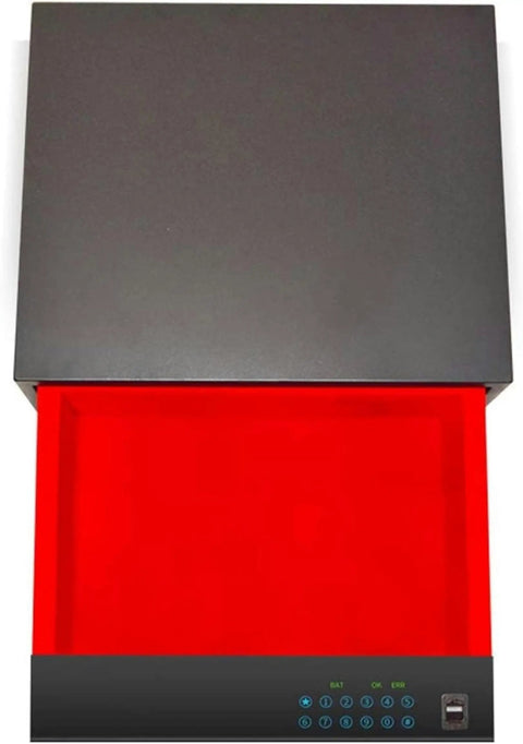 Fireproof and waterproof safe with digital keypad and fingerprint lock, open view showing interior, heavy duty steel safety box for home or office.