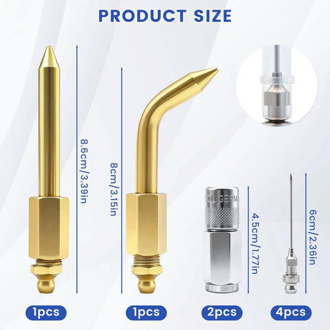 8 Piece Grease Gun Accessory Kit With 4 Nozzles 2 Couplers Straight And Bent Nipple shown with product size and measurements