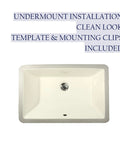 Top view of undermount bathroom sink with overflow, warm biscuit cream glossy vitreous china finish, 19 by 11 inch interior rectangular bowl.