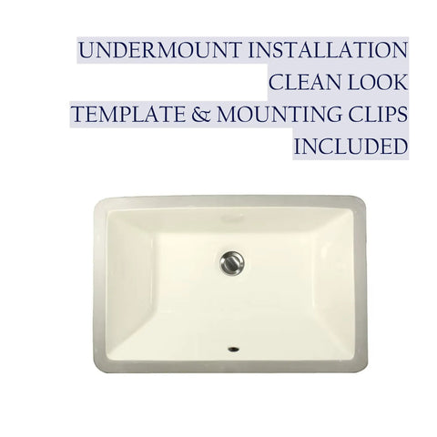 Top view of undermount bathroom sink with overflow, warm biscuit cream glossy vitreous china finish, 19 by 11 inch interior rectangular bowl.