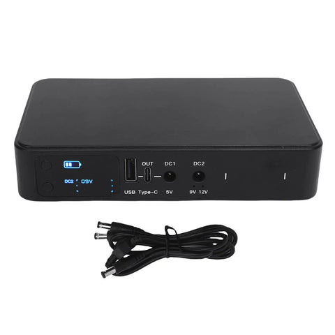 Heavy Duty UPS Battery Backup With Massive 18000 Mah Reserve And Flexible Adjustable Outputs 5V 9V 12V Dual Ports view showing ports and connections.