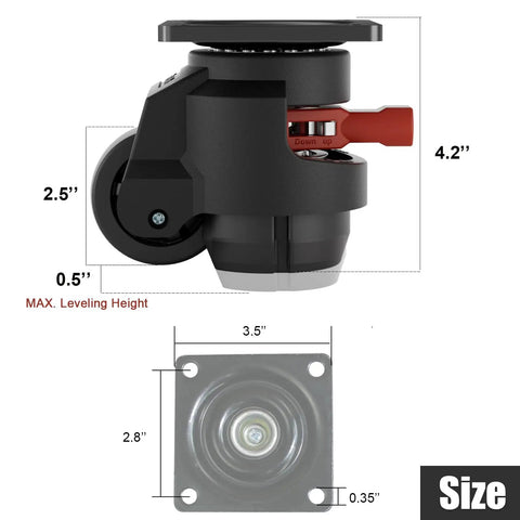 Image of Set of 4 Heavy Duty Leveling Casters with Rock Solid Nylon Wheels and Thickened Steel Base, showing dimensions of 4.2" height and 2.5" width.
