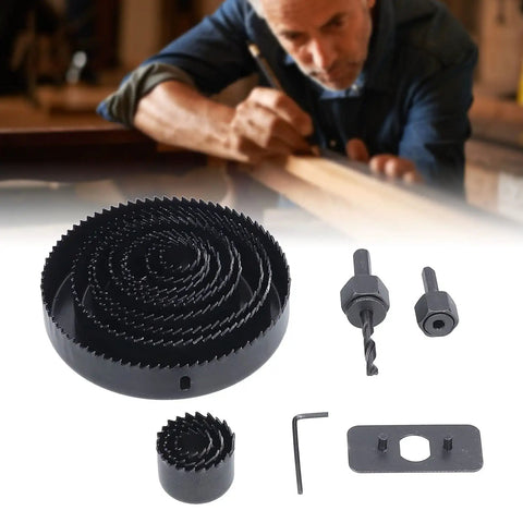 Top Tier 16 Piece Hole Saw Kit For Clean Woodworking With Tough Carbon Steel Teeth Making Fast Symmetrical Cuts Through Drywall And Plastic Boards Without Any Hassle Or Effort In Your Shop. black hole saw set with drill bits and hex key for woodworking