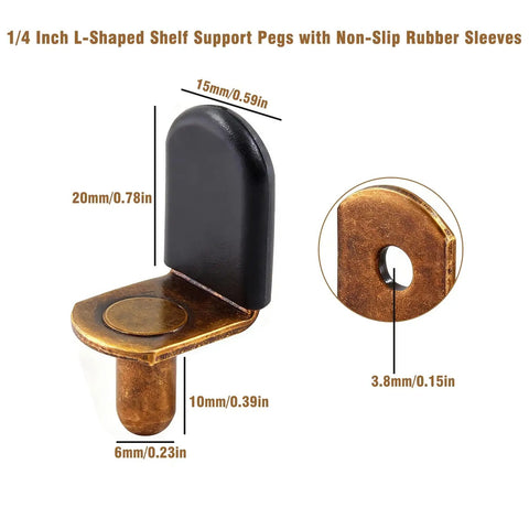 1/4 Inch L Shaped Shelf Pegs with Non-Slip Rubber Sleeves in antique bronze for cabinet hardware.
