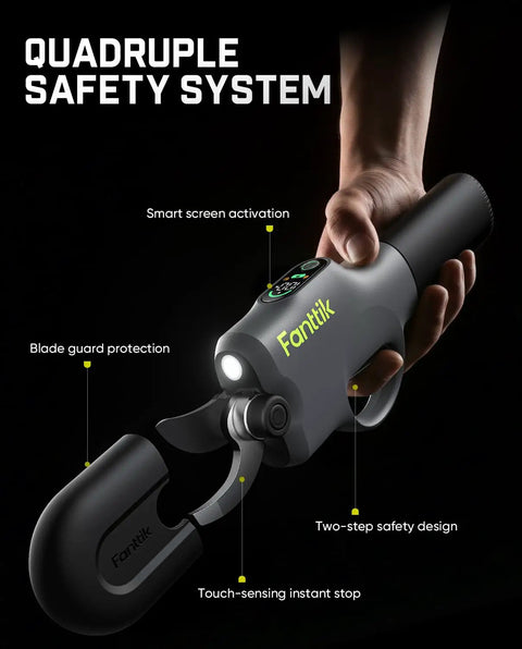 Y10 Pro Cordless Electric Pruning Shears with Brushless Motor featuring LED display and safety blade sleeve protection with dual start trigger