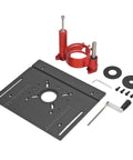 Top Shelf Heavy Duty Manual Router Lift System Kit With Precision Aluminum Insert Base Plate components laid out on a surface.