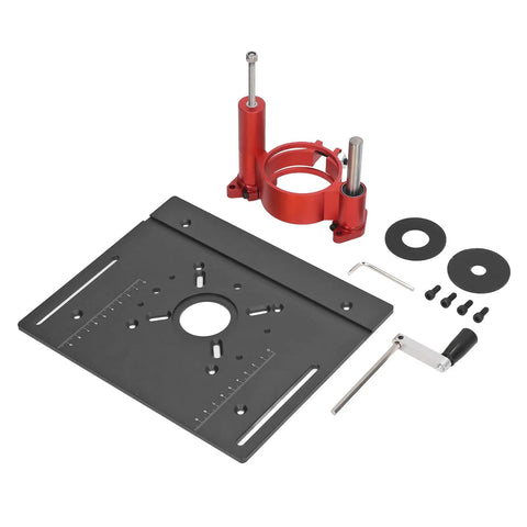 Top Shelf Heavy Duty Manual Router Lift System Kit With Precision Aluminum Insert Base Plate components laid out on a surface.