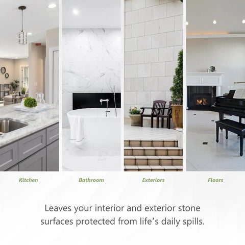 High End Water Based Stone Sealant For Granite Marble Concrete And Grout keeps indoors or outdoors looking clean in kitchen, bath, floors, exteriors.