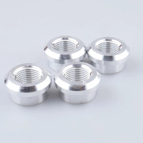 Shop Grade 3/8 Inch NPT Female Aluminum Weld On Bung Plate Kit Four Pack showing four 6061 T6 alloy bungs for engine fabrication.