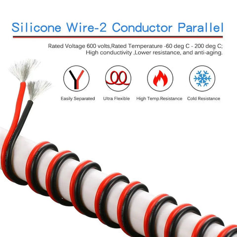 Ultra Flexible 16 Gauge 2 Conductor Silicone Wire Spool Red And Black For LED Strip Extension Cable 25 Feet High Temperature 200 Degree C 600 Volt With Tinned Copper, coiled wire on display highlighting flexibility and resistance features.