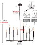 Diagram of Six Light Black Farmhouse Chandelier with adjustable height and candlestick arms for dining room, living room, kitchen.