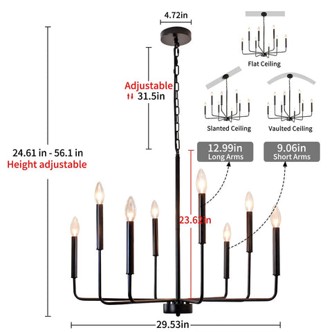 Diagram of Six Light Black Farmhouse Chandelier with adjustable height and candlestick arms for dining room, living room, kitchen.