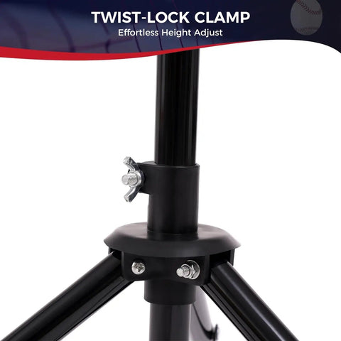 Close-up of twist-lock clamp on adjustable batting tee with tripod for baseball and softball, height from 29.5 to 41.3 inches.