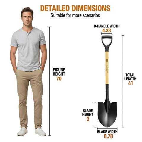 Detailed dimensions of All In One 41 Inch Round Point Shovel With D Handle And Cold Rolled Steel Blade, standing next to a man for scale.