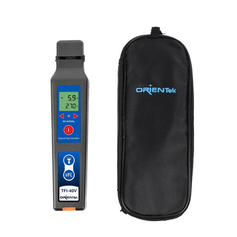 TFI-40V optical fiber identifier with VFL 10 mW LED; gray handheld unit with LCD display beside ORIENTek carrying case.