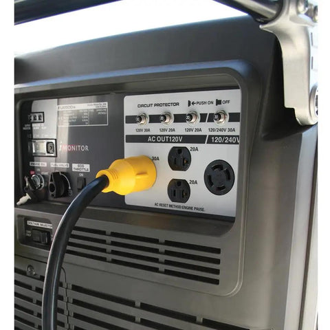 Tough As Nails 30 Amp Generator To RV Adapter Cable with Locking Nema L5 30 Male Plug connected to generator outlets.