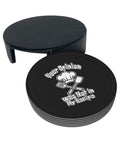 Leather Coasters 6 Piece Set With Holder For Weddings, Bars, Homes, And Offices, black round PU leather with chef design and holder.