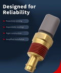 Engine coolant temperature sensor with brass body and red O-ring, front view.