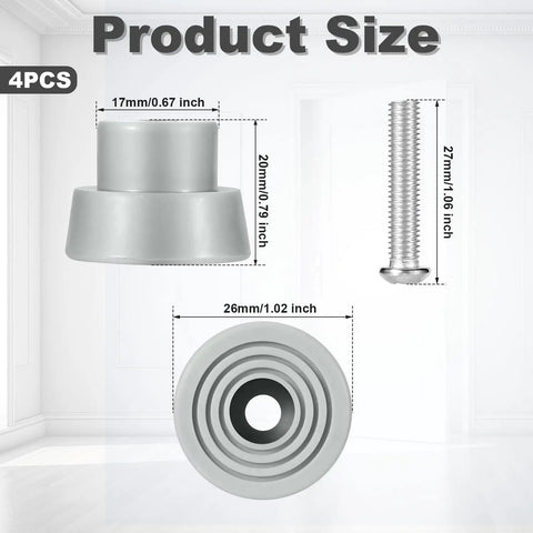 4 Pack Rubber Door Stopper Tips With Screws End Caps for Kick Down and Drop Down Doors, dimensions shown.