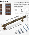 6 Pack Vintage Kitchen Cabinet Handles Antique Brass Bar Pulls With 5 Inch Hole Center, showing screws and measurements