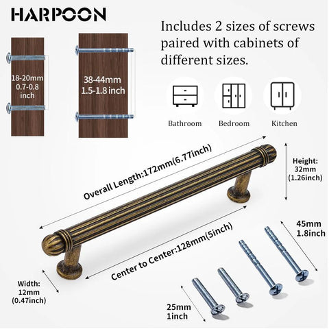 6 Pack Vintage Kitchen Cabinet Handles Antique Brass Bar Pulls With 5 Inch Hole Center, showing screws and measurements