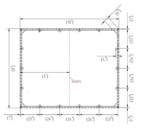Diagram of 8 by 10 tan canvas tarp with double stitched seams, showing measurements for durable weatherproof tarpaulin
