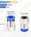 Push To Connect Pneumatic Fittings Set, 10 Pack, 1/8 NPT Female Adapter For 0.31 Inch Tubing, Nickel Plated Brass, blue details