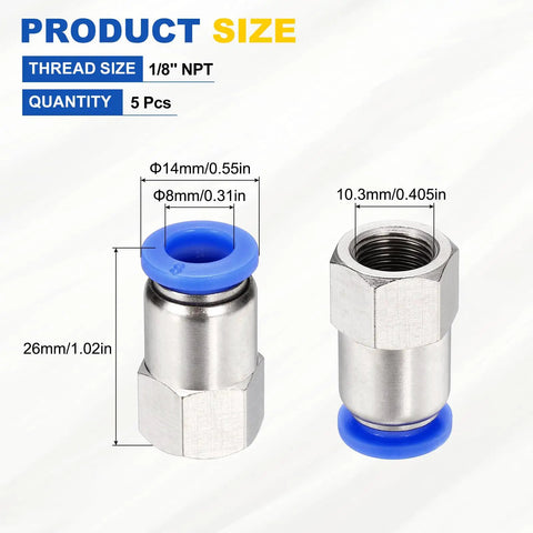 Push To Connect Pneumatic Fittings Set, 10 Pack, 1/8 NPT Female Adapter For 0.31 Inch Tubing, Nickel Plated Brass, blue details