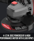 Close-up of V20 Cordless Angle Grinder Kit with 4 1/2 inch disc, high torque 8,500 RPM motor, heat-dissipating cast gear housing.