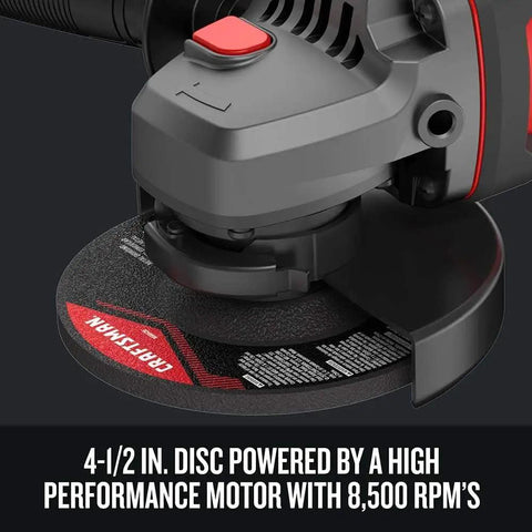 Close-up of V20 Cordless Angle Grinder Kit with 4 1/2 inch disc, high torque 8,500 RPM motor, heat-dissipating cast gear housing.